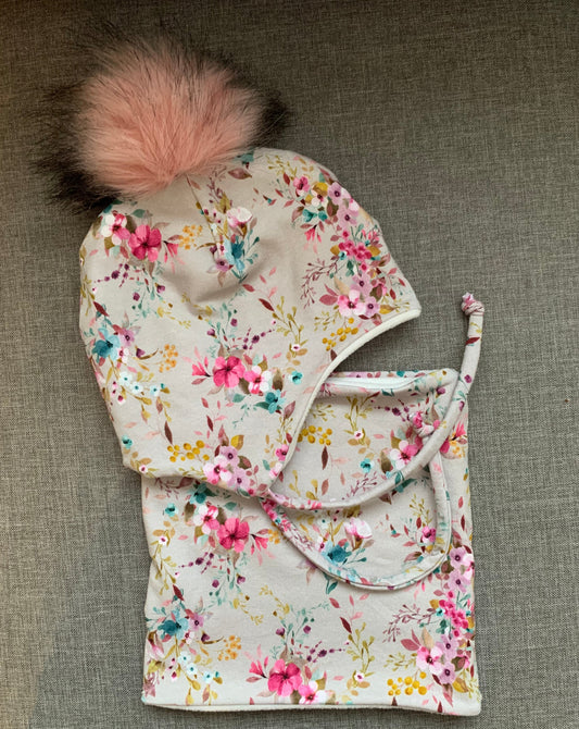Ensemble tuque et cache cou enfant - fleuris sur fond gris pâle
